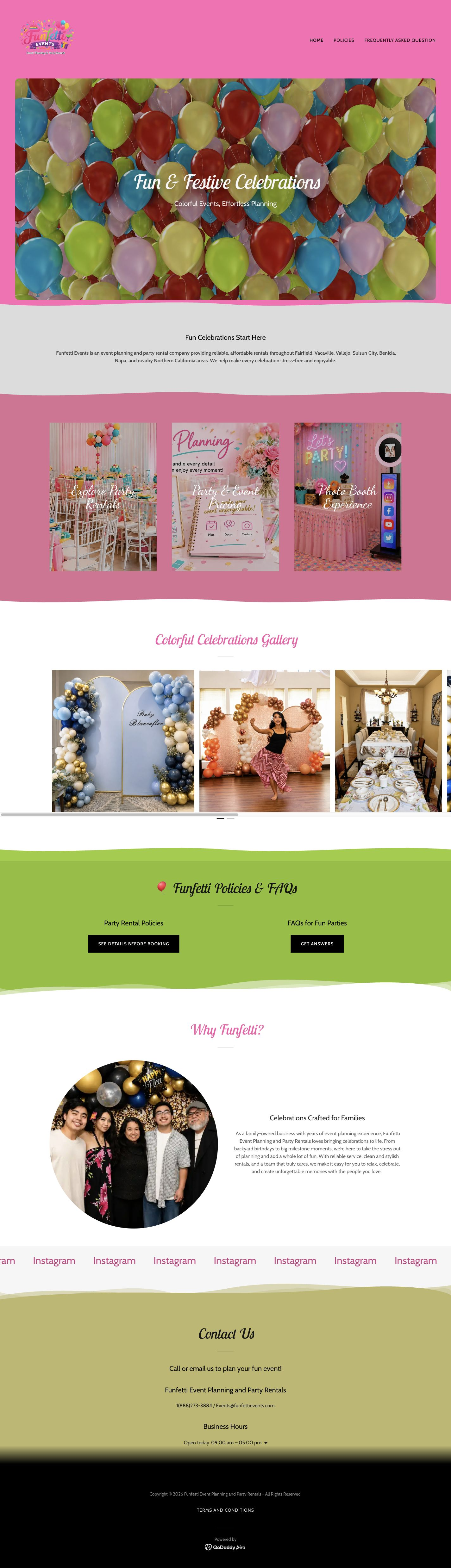 Full-page screenshot of the current Funfetti Events homepage