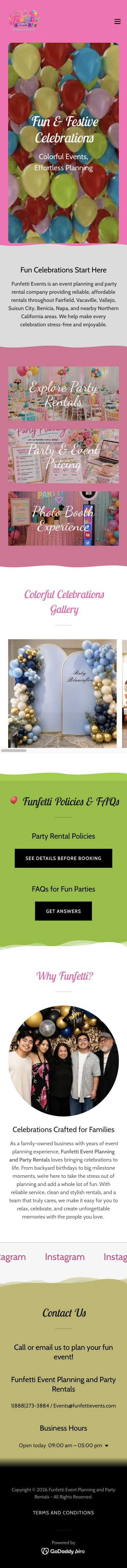 Mobile screenshot of the current Funfetti Events homepage