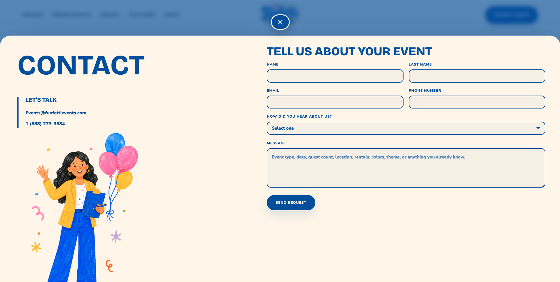 Final Funfetti Events contact page with event request form