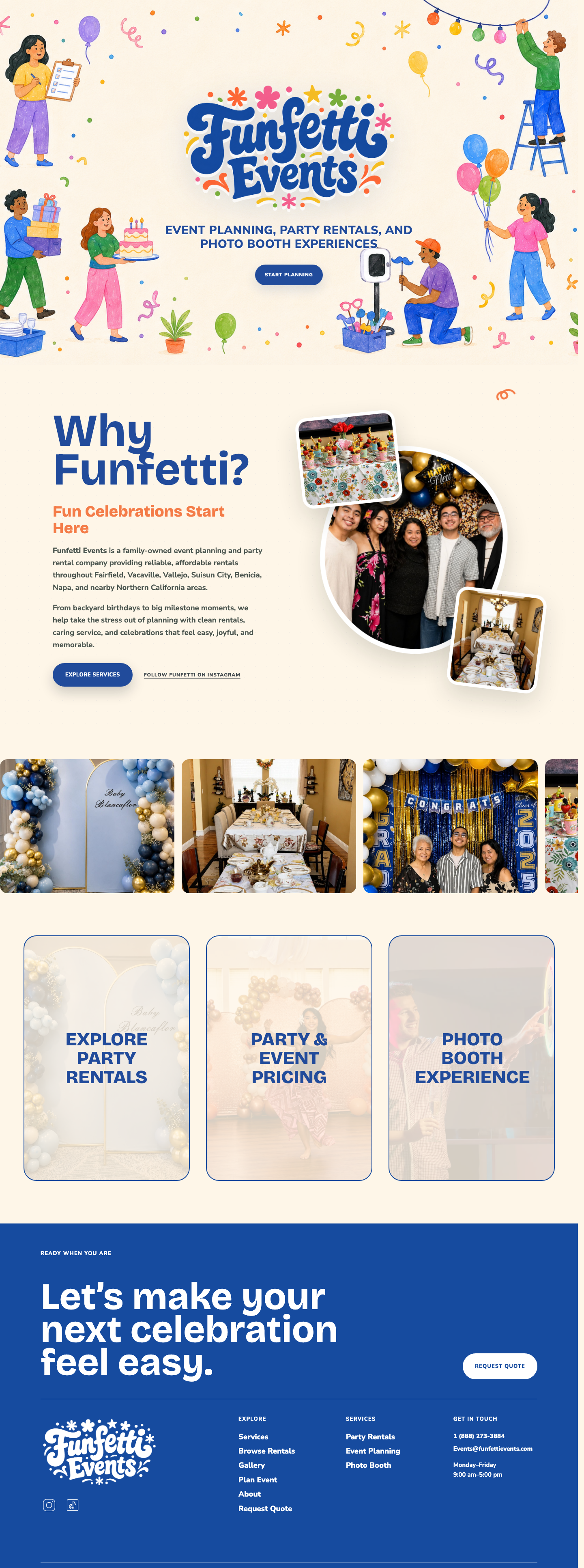 Full-page screenshot of the final Funfetti Events homepage redesign