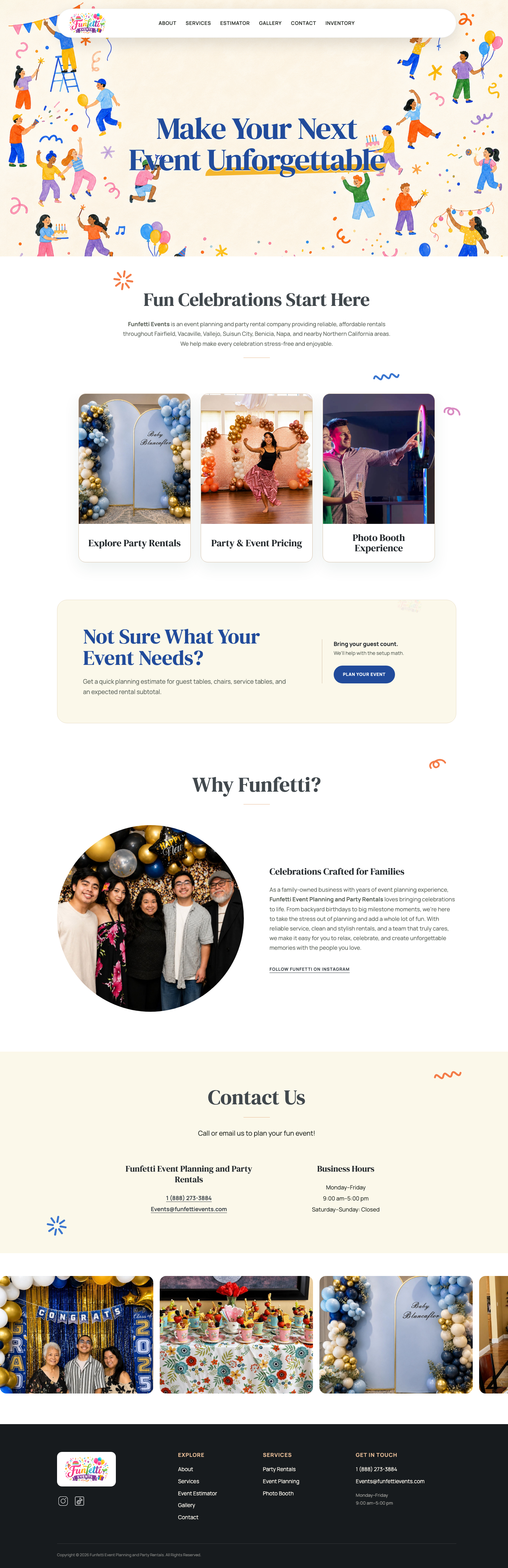 Full-page screenshot of the V1 Funfetti homepage prototype